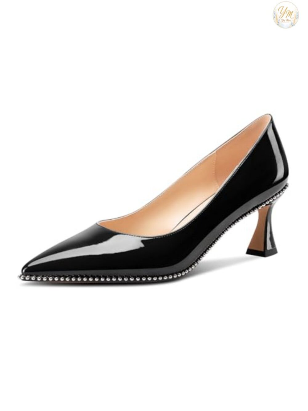 Kitten Heel Pointed Toe Pumps Slip-On Beaded Patent Leather Wedding Dress Heels